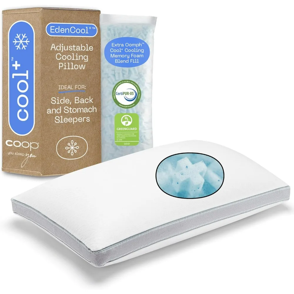 Eden Cool+ Adjustable Pillow, Queen Size Plus Shaped Memory Foam Pillows with Cooling Gel, Back