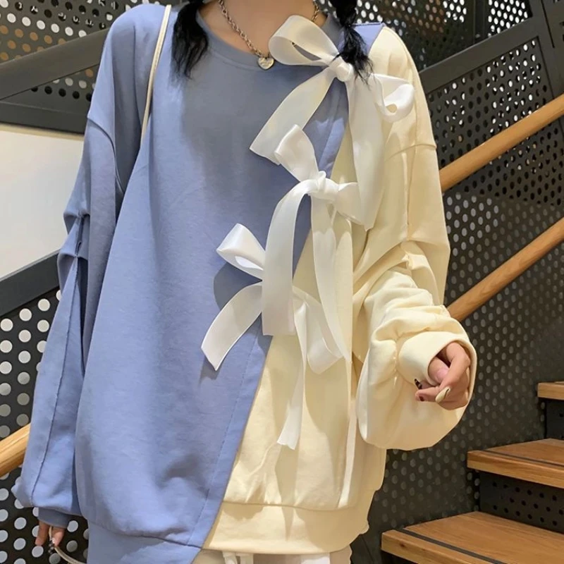 

Bow Contrast Patchwork Korean Hoodies Sweatshirts Spring Autumn New Long Sleeve Loose Trend Tops Fashion Casual Women Clothing