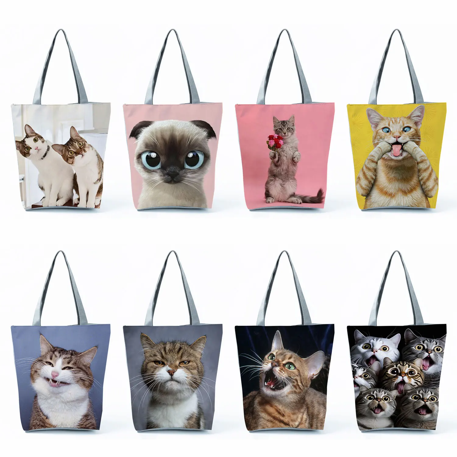 

Cartoon Shopping Bags Casual Travel Beach Bags Female Women Tote Bags Cute Funny Cat Printed Handbags Foldable High Capacity