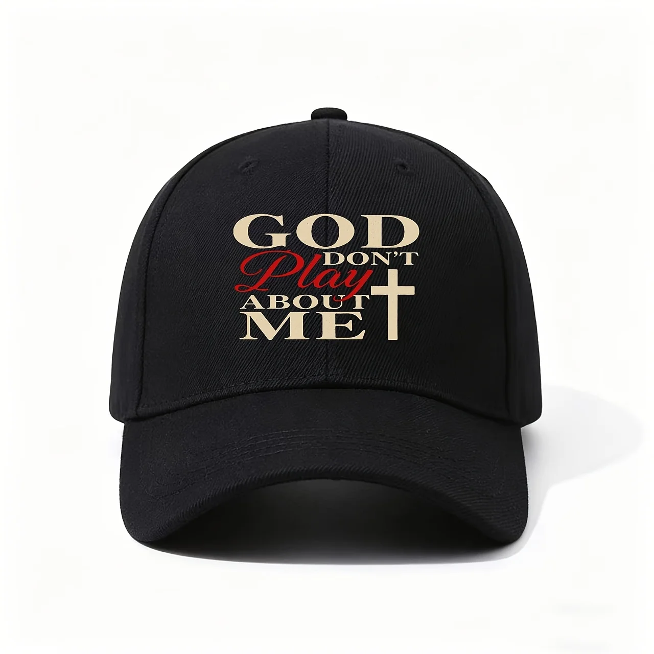 Baseball Cap, Showcasing The GOD DON'T Play ABOUT ME Print with Bold Red And Beige Lettering And a Cross Symbol, Striking And Co