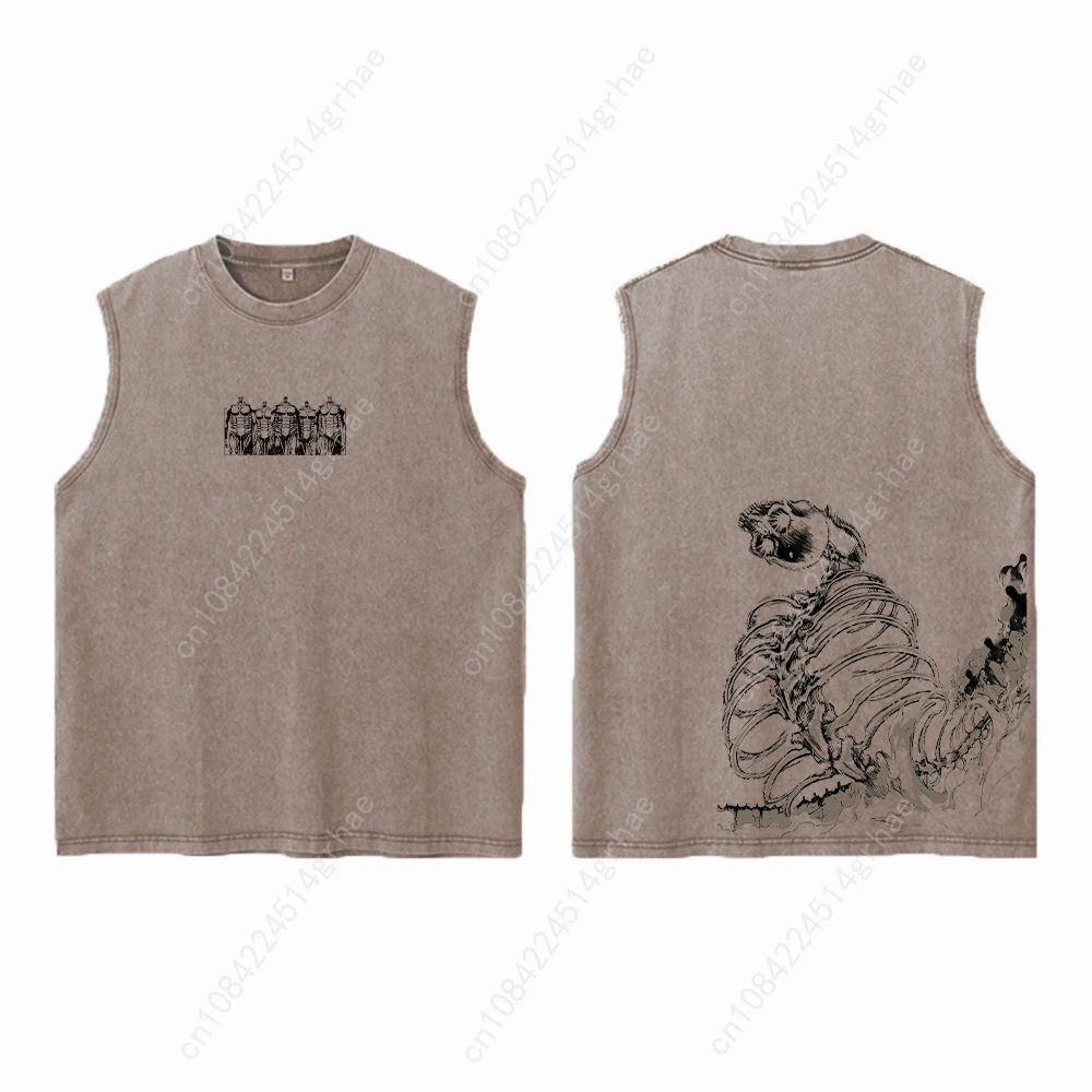 Men's Washed Tank Tops Anime Attack On Titan Print Vintage Cotton Sleeveless T Shirts Running Loose Muscle Gym Workout  Top Tees
