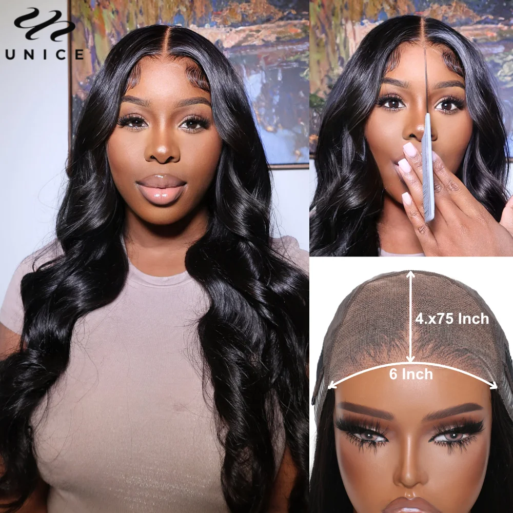 UNice Hair Wear Go 6x4.75 Pre Cut Lace Wig Natural Color Body Wave Human Hair Wig Ready To Wear Go Glueless Wigs for Beginners