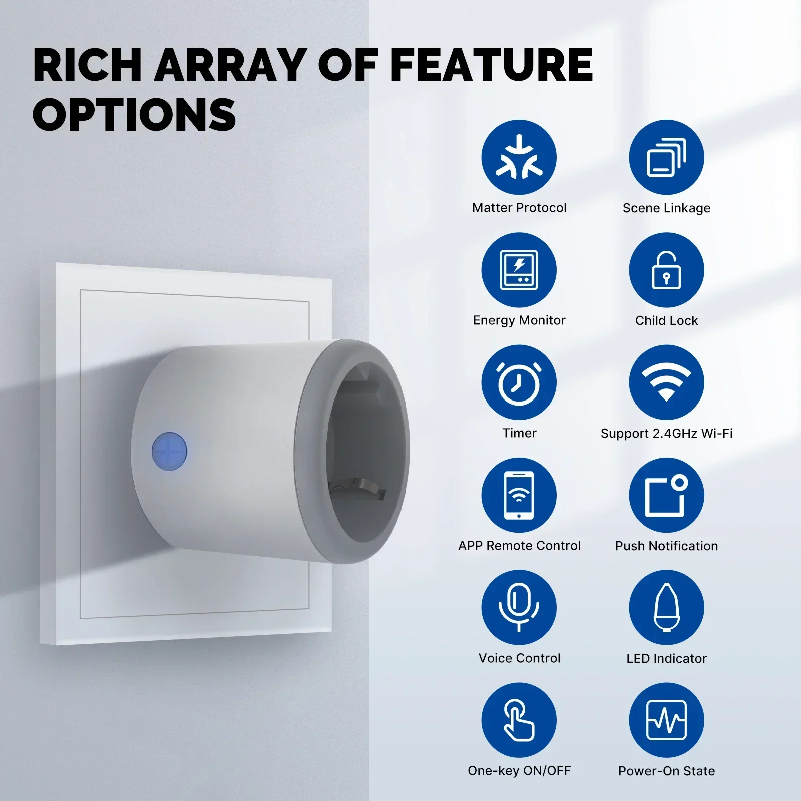 MOES-enchufe inteligente Matter Wi-Fi, toma de corriente con temporizador inteligente, Monitor de potencia, compatible con TUYA, Apple Homekit, funciona con Google Home, Alexa, 16A