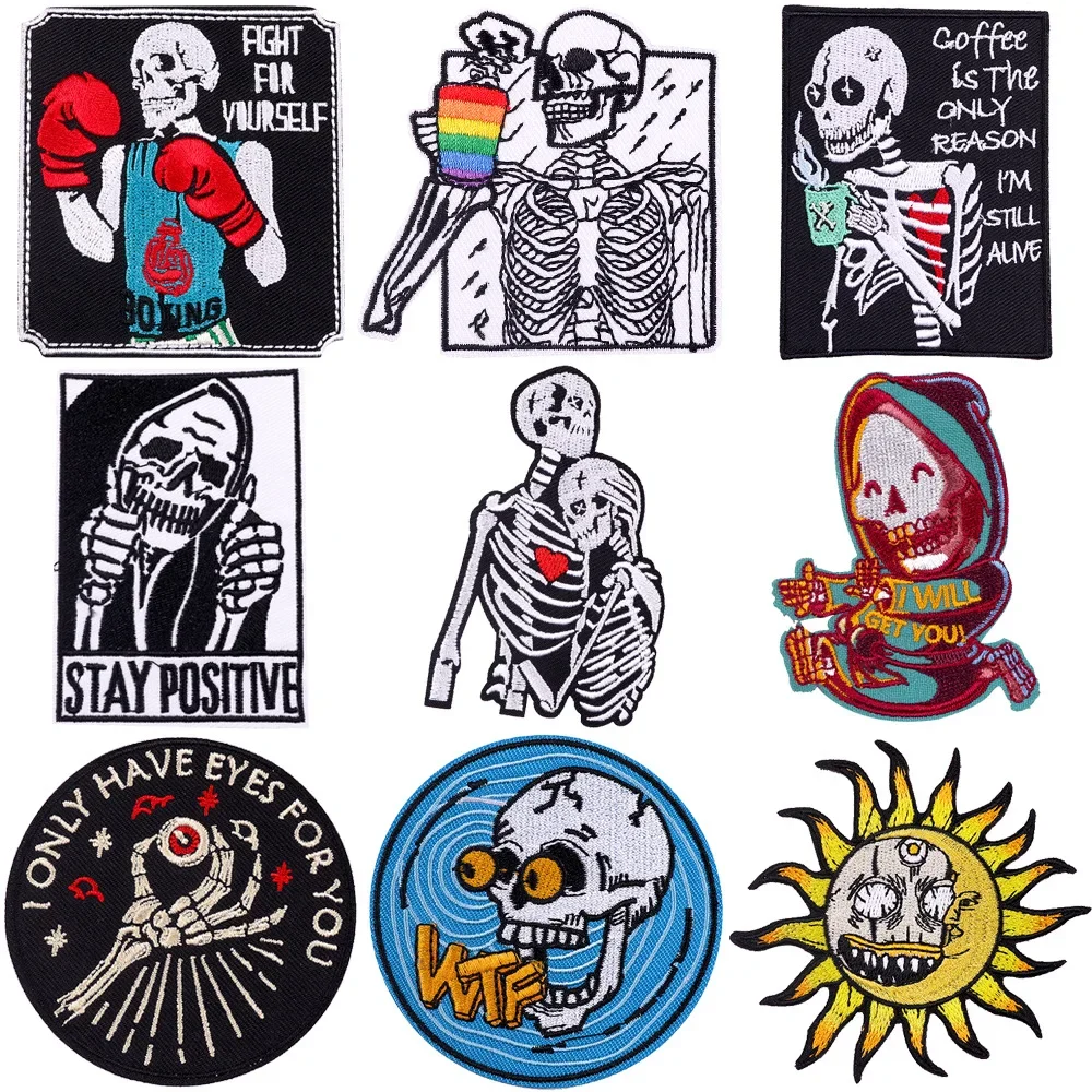 Embroidered Patch Iron On Patches for Clothing Pocket Skeleton Clothes Stickers Fabric Sewing Thermal Adhesive Applique Fusible