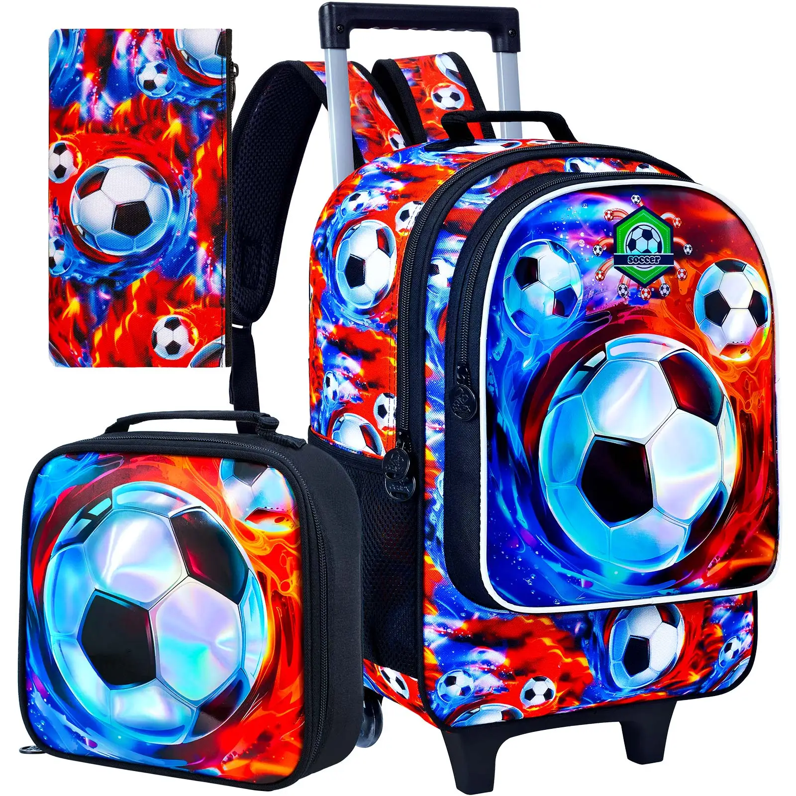 

3PCS Rolling Backpack for Boys, Kids Roller Bookbag, Soccer Wheeled School Backpack for Elementary Preschool Kindergarten