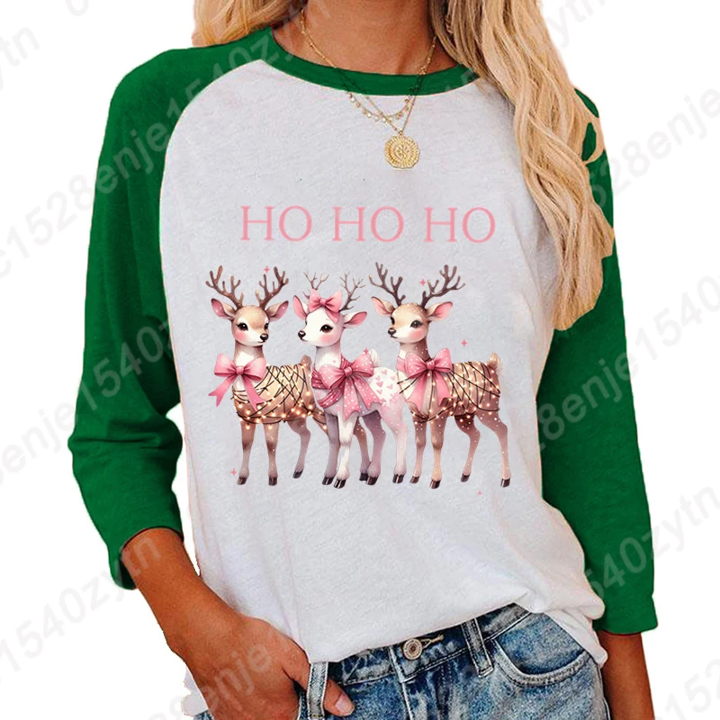 

Christmas Light Reindeer Pink Bow Ho Print T Shirts For Women Three Quarter Sleeve Shirt Round Neck Tee Shirt Casual Summer Tops