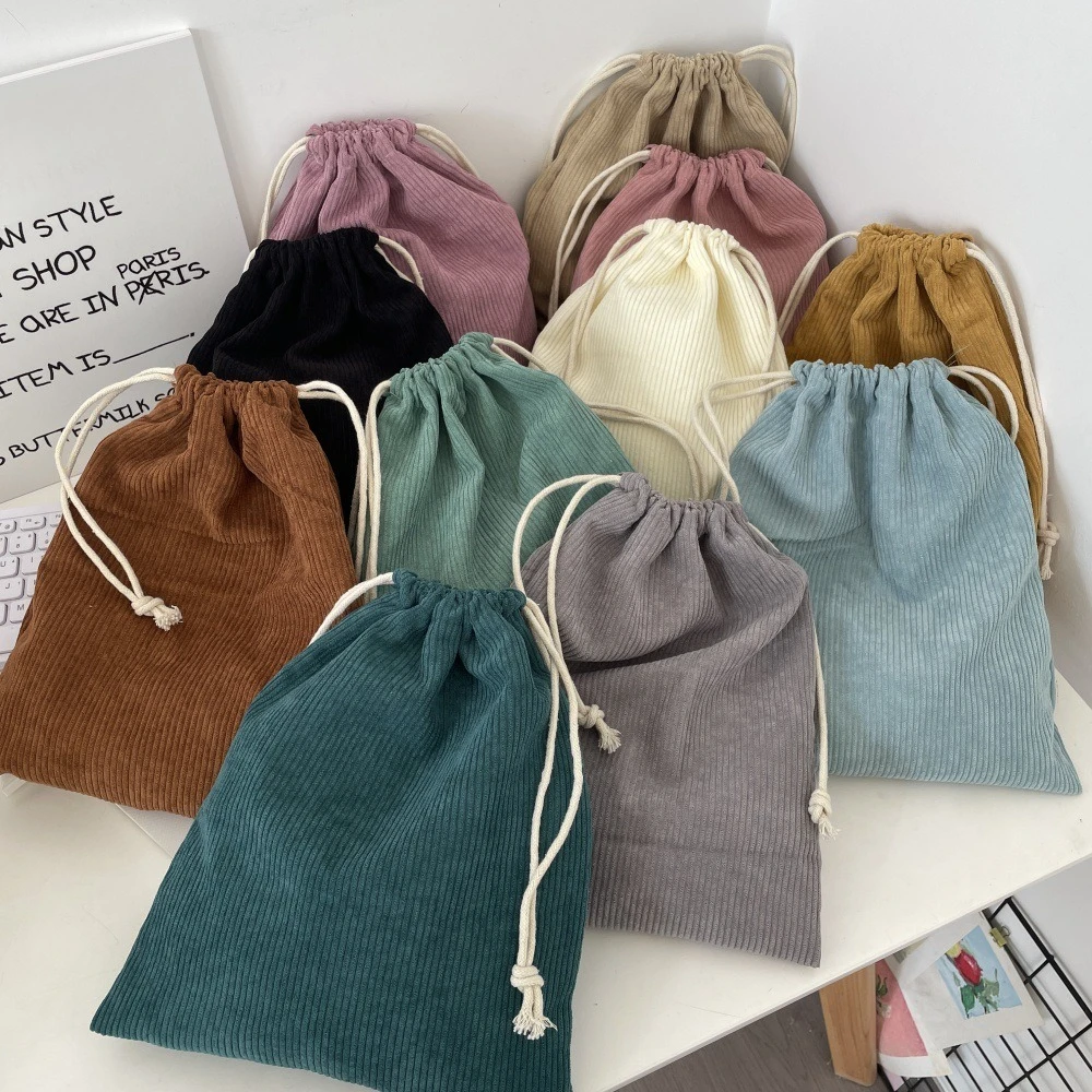 Corduroy Drawstring Makeup Bag Travel Cosmetic Organizer Portable Toiletries Storage Pouch Solid Color Cosmetic Bag