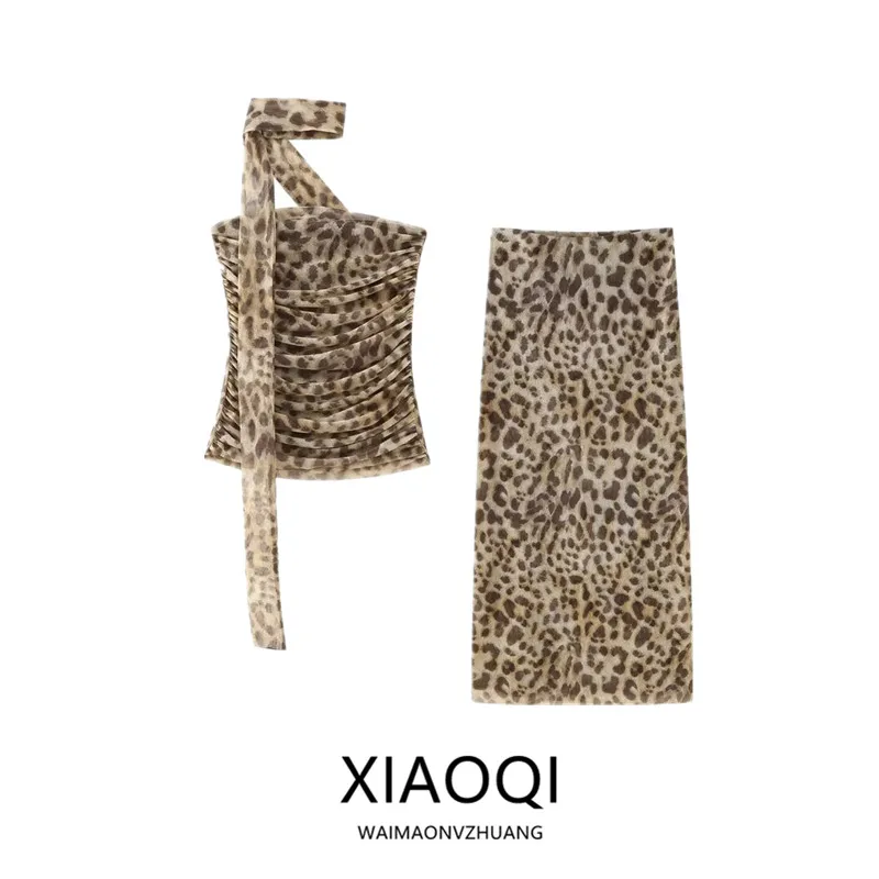 مجموعة أزياء ربيع 2024 للسيدات، تصميم مطبوع من الحرير الشبكي، توب قصير، تنورة نصفية عالية الخصر، طقم عالي الجودة