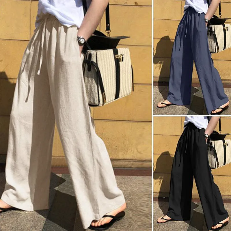 Women Wide Leg Pants Elastic Waist Drawstring Lace Up Solid Color Slacks 2025 Casual Floor Length Office Lady Loose Trousers