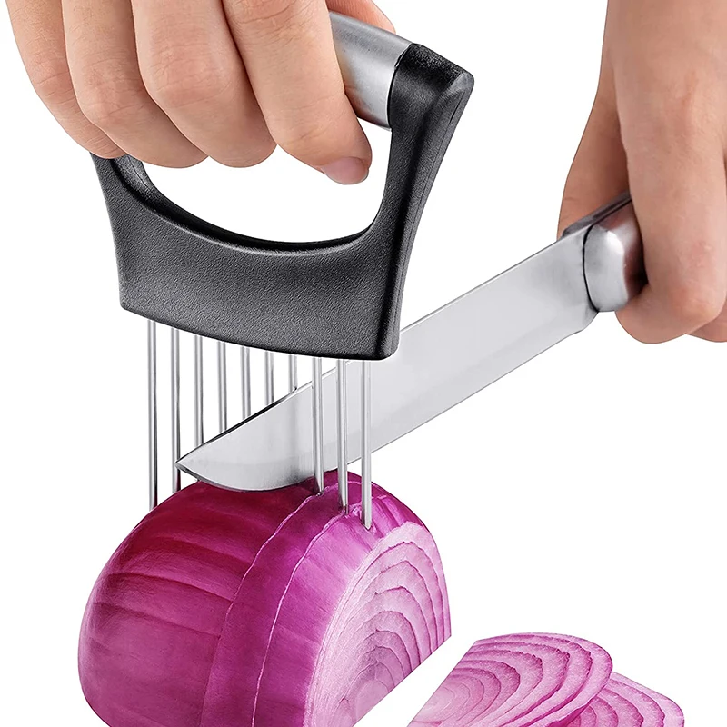 

Holder Fork Home Kitchen Gadgets Onion Cutter Holder Vegetable Slicer Cutting Tools Stainless Steel Lemon Potato Tomato Slicer