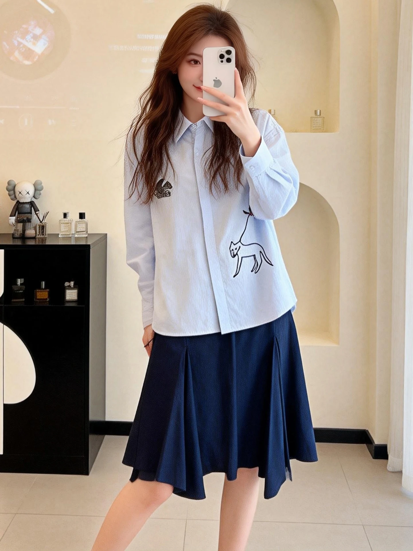 

Korean Style College Fashion Embroidered Shirt Skirt Set Women's Spring Autumn New Style One Whole Ootd Matching Set