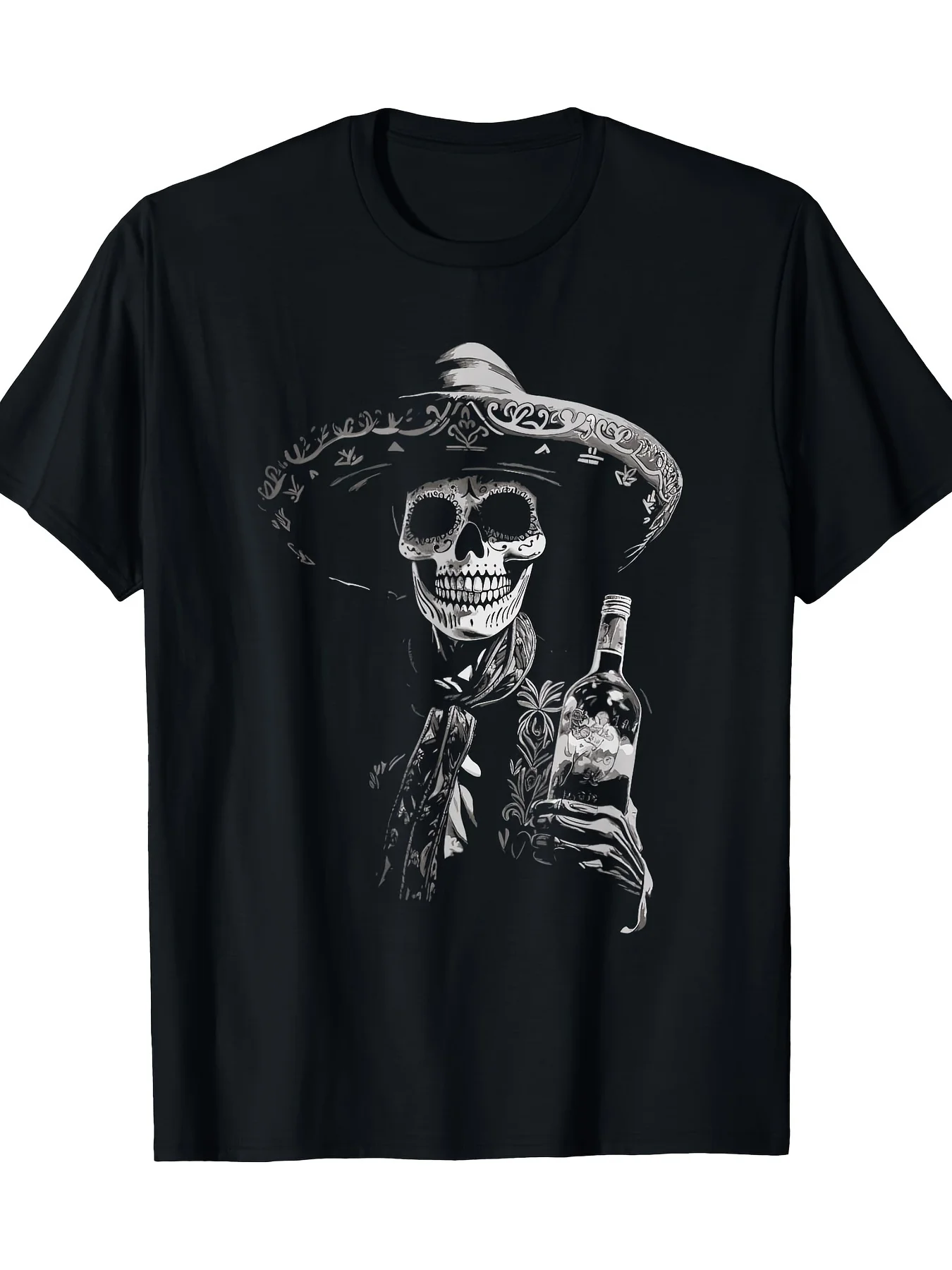 Parte Superior Lavable a Máquina |   Camiseta Vintage con Estampado de Esqueleto y Tequila para Hombre - Día de los Muertos, 100% Algodón, Manga Corta, Cuello Redondo