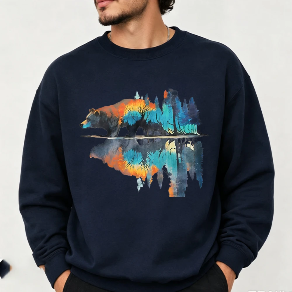 Watercolor Bear Forest Reflection Graphic Sweatshirt Nature Wildlife Outdoor Hiking Mountain Print Adventure Casual Pullover Top