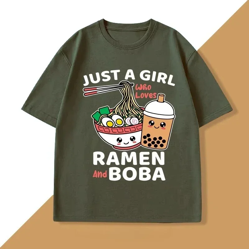 Just A Girl Who Loves Ramen and Boba T Shirt Men Women Kids Food T-Shirt Ramen Lover Funny Kawaii Noodles Tshirt Clothes