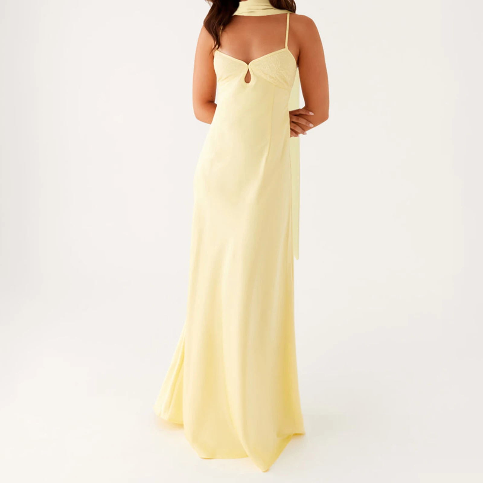 Combhasaki Donna Tinta unita Estate Ricamo Busto Foro Senza maniche Cinghie Con lacci Backless A-line Cami Abito lungo con sciarpa