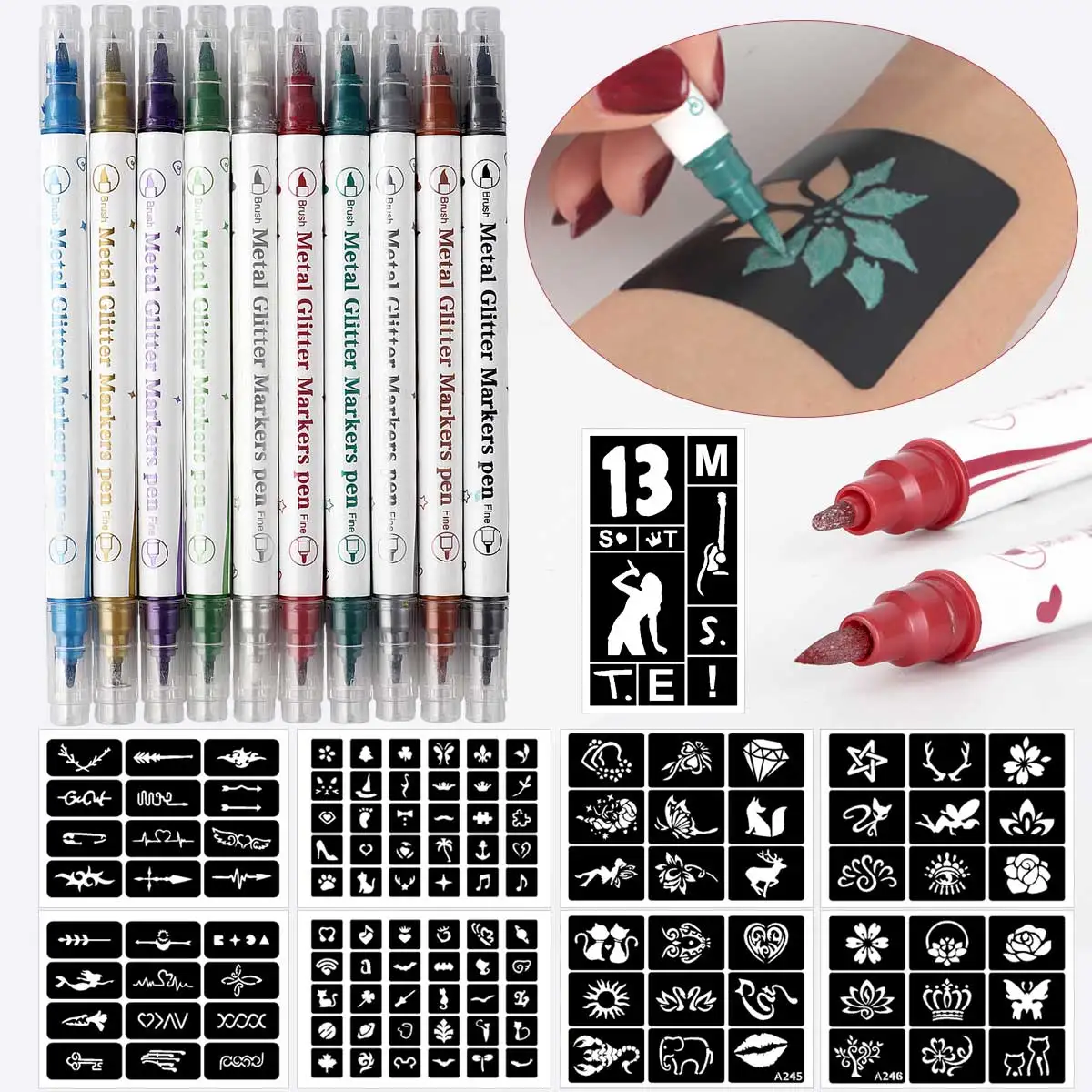 

Long-Lasting Temporary Skin Tattoo Pen with 10 Colors+120 Patterns, Bold and Fine Lines on the Body and Face, Dual-Ended Design