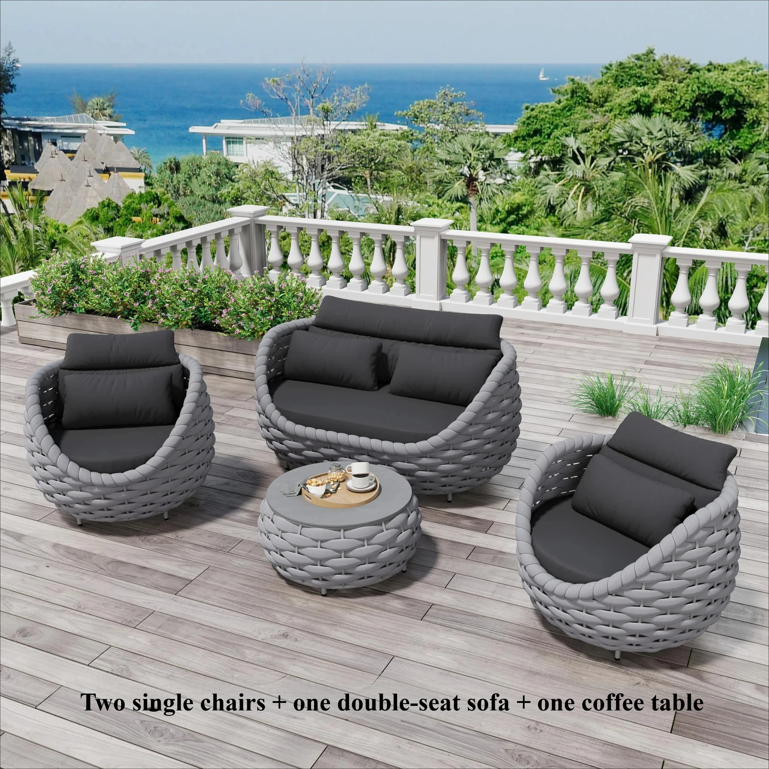 Tuinstoelenset van geweven touw, aluminium tuinmeubilair, 2-delige set met kussens, fauteuil en tafel, geschikt voor balkon, tuin, veranda, zwembadterras
