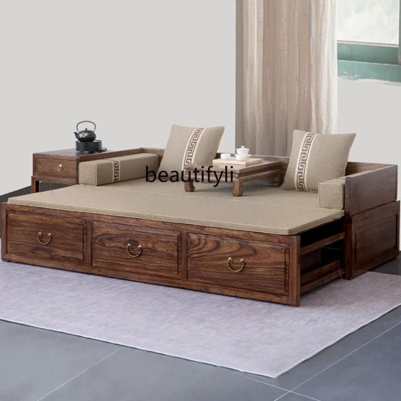 New Chinese-style old elm solid wood telescopic push-pull, small apartment living room box sofa bed