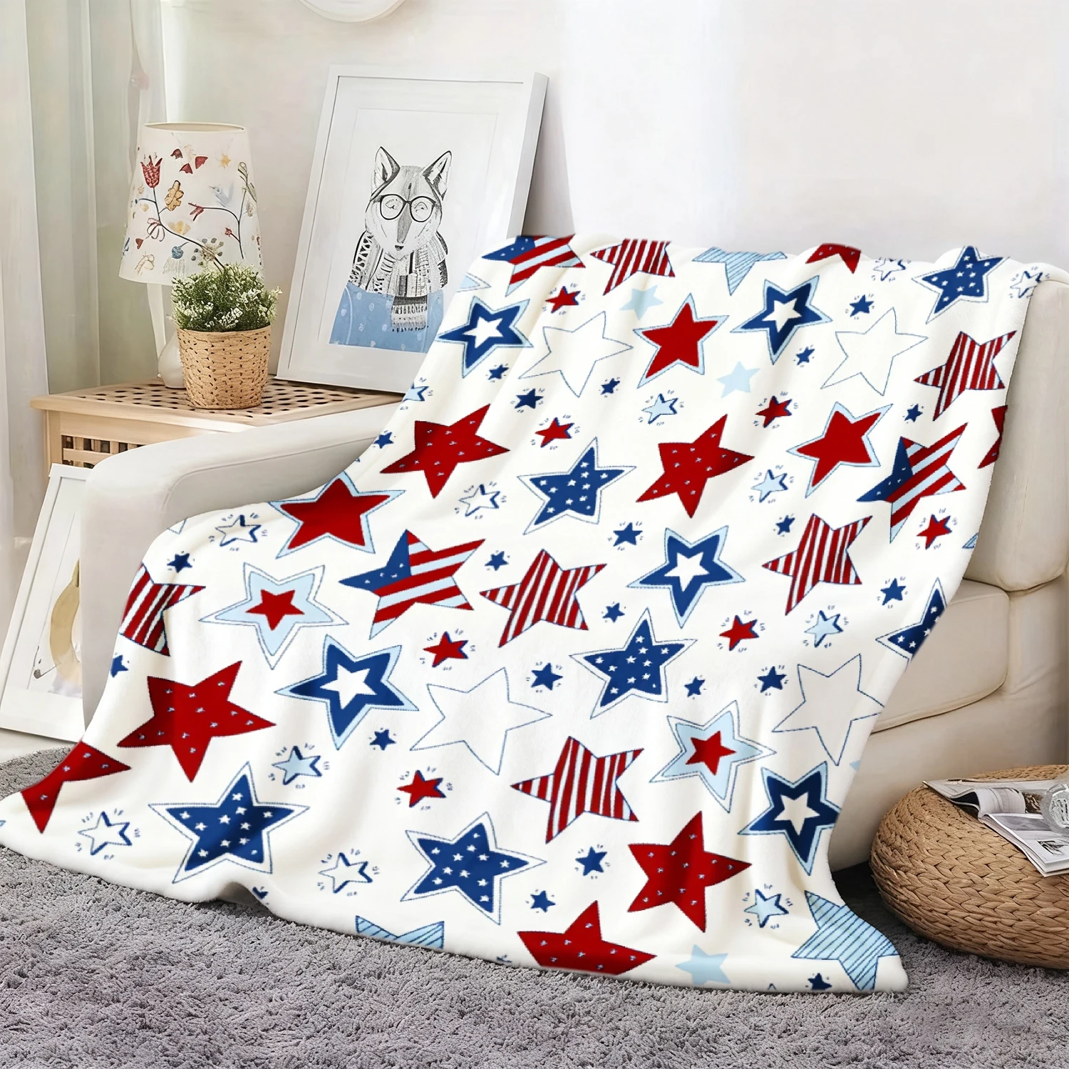 1pc Red‑White‑Blue Star‑Print Throw Blanket, All‑Season Warm Decor, Independence Day Holiday Gift