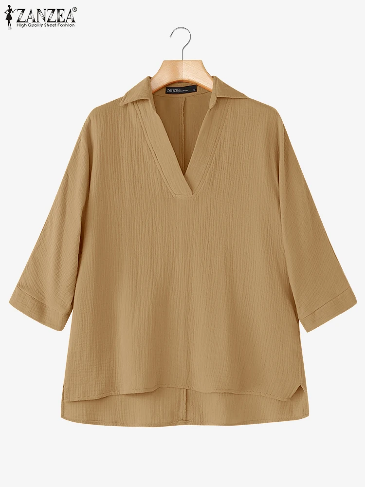 

ZANZEA модная блузка, хлопковые однотонные топы, женские элегантные топы с воротником с лацканами, повседневная свободная туника с рукавами 3/4, 2025 асимметричный пуловер