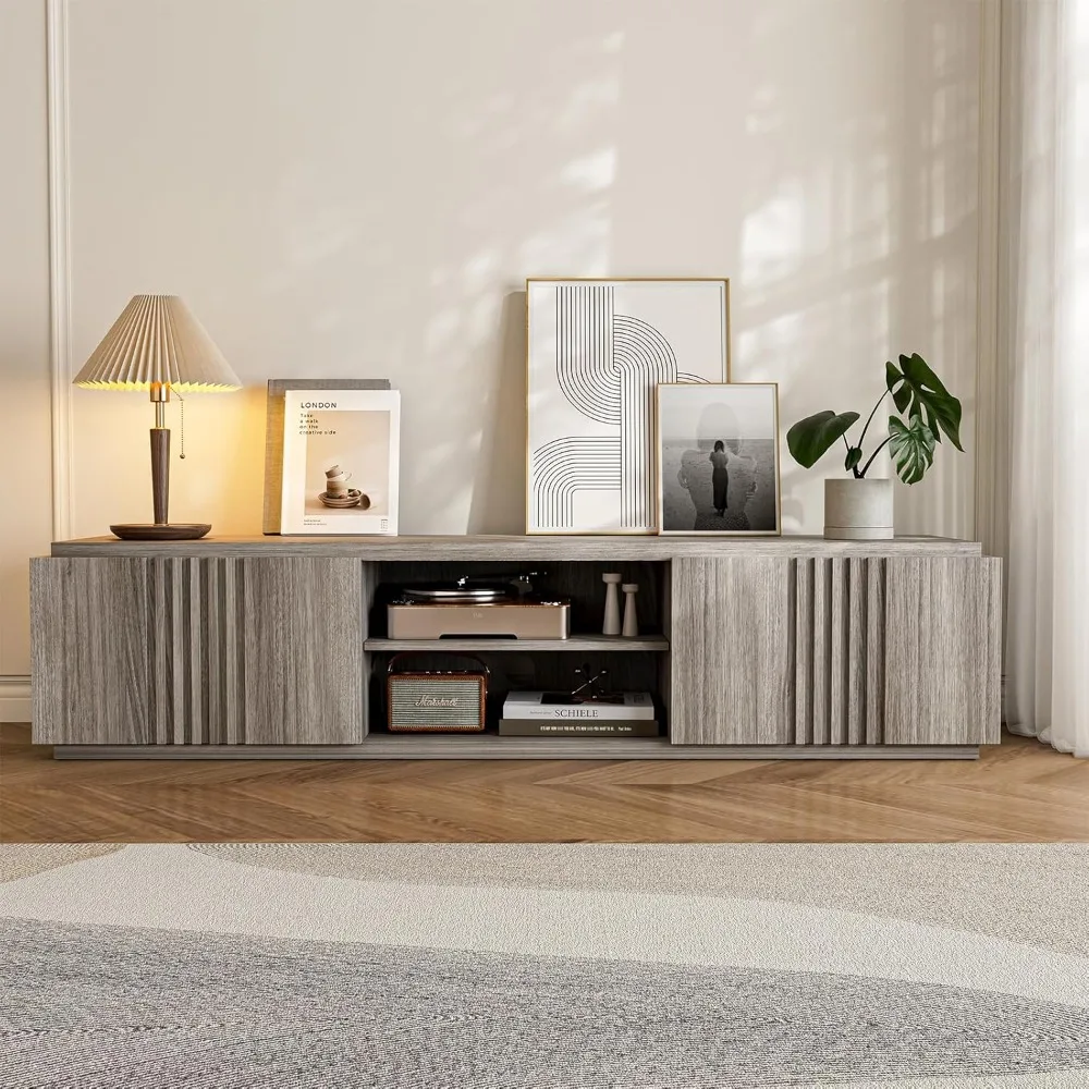 حامل تلفزيون 70 بوصة لأجهزة التلفاز حتى 75 بوصة، طاولة وحدة تحكم مركزية للترفيه الوسائط مع أدراج كبيرة الحجم وأرفف مفتوحة من طبقتين، ش خشبي #3