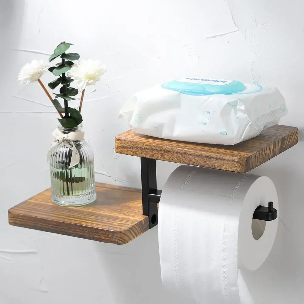 

Wooden Wall Mounted Toilet Paper Holder High Load-bearing Space Saving Bathroom Wall Mounted Shelf Stable Countertop Organizer