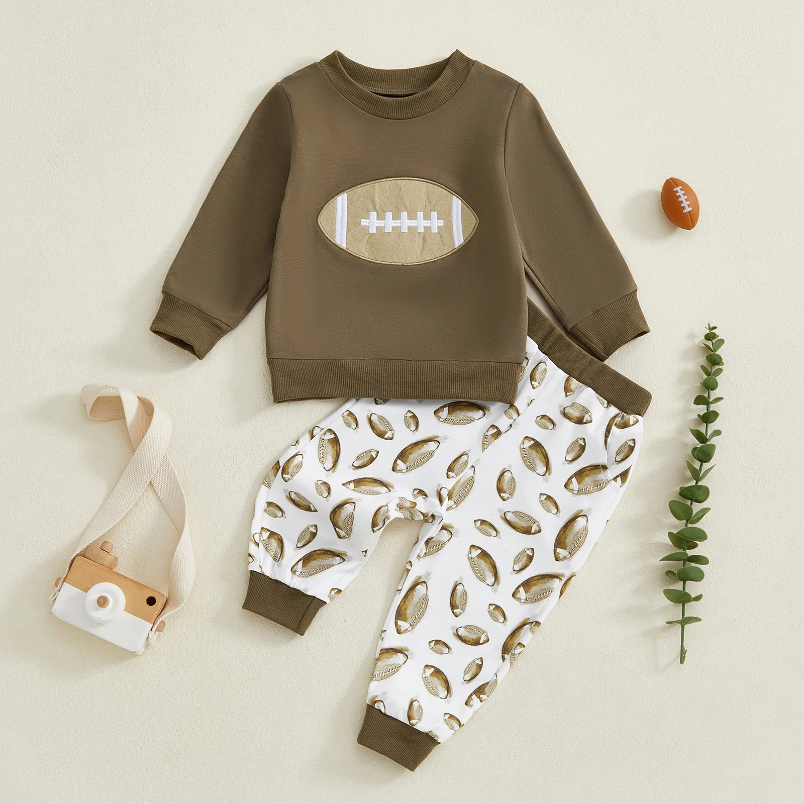 

Toddler Boy Fall Outfits Long Sleeve Round Neck Pullover + Elastic Waist Football Print Pants 2Pcs Set