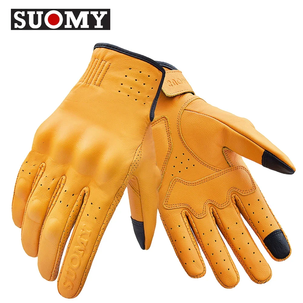 Suomy Best Selling Men Real Leather Motorcycle Gloves Vintage Yellow Motocross Breathable Anti-Slip Touchscreen Goatskin Gloves