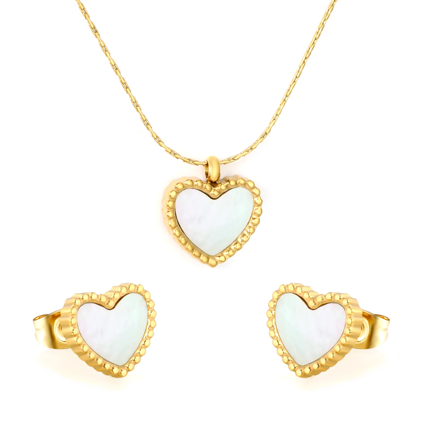 Heart White Shell Stud Earrings & Necklace Set