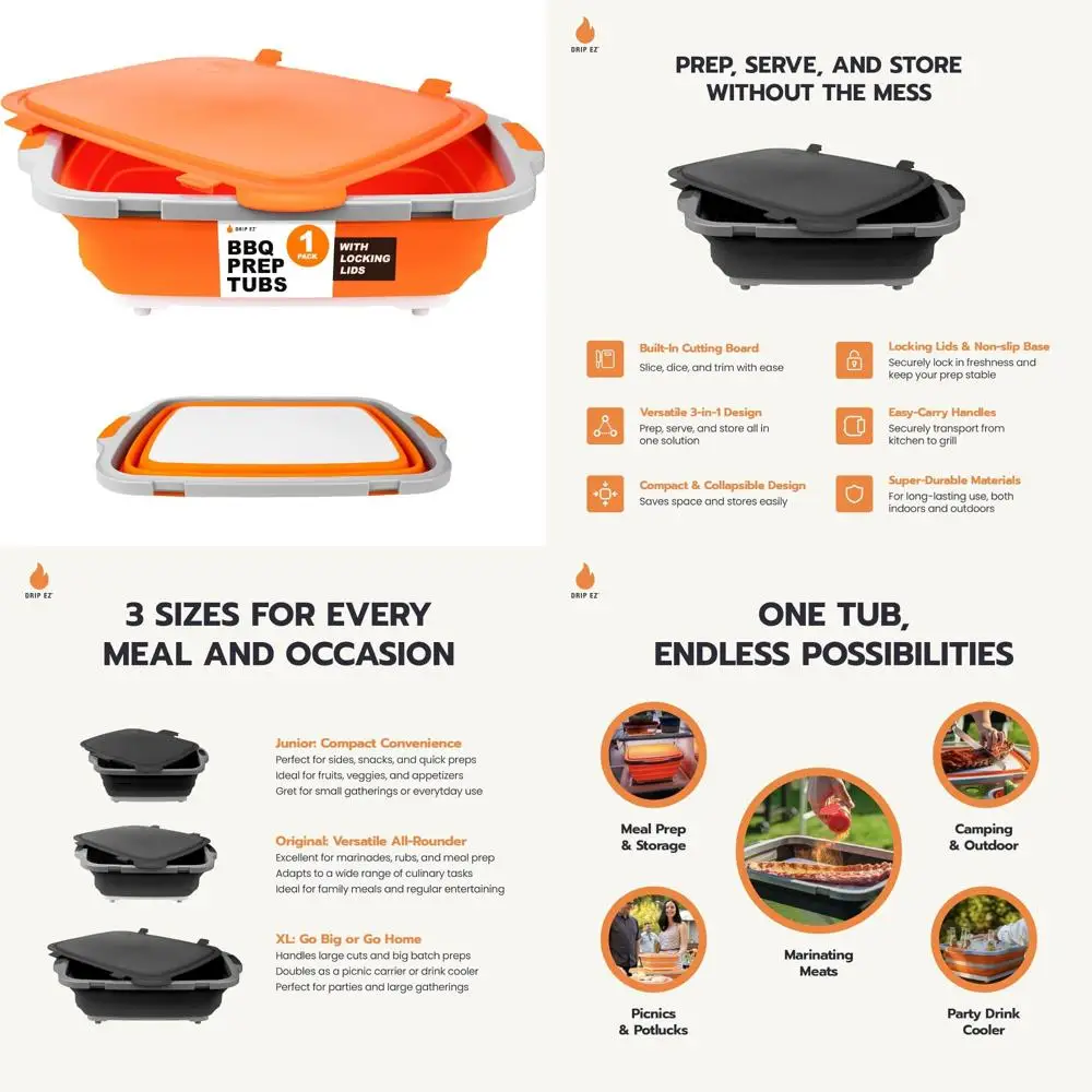 

Collapsible BBQ Prep Tub with Cutting Board and Locking Lid - XL Size, Meal Prep, Marinating, Food Storage Solution
