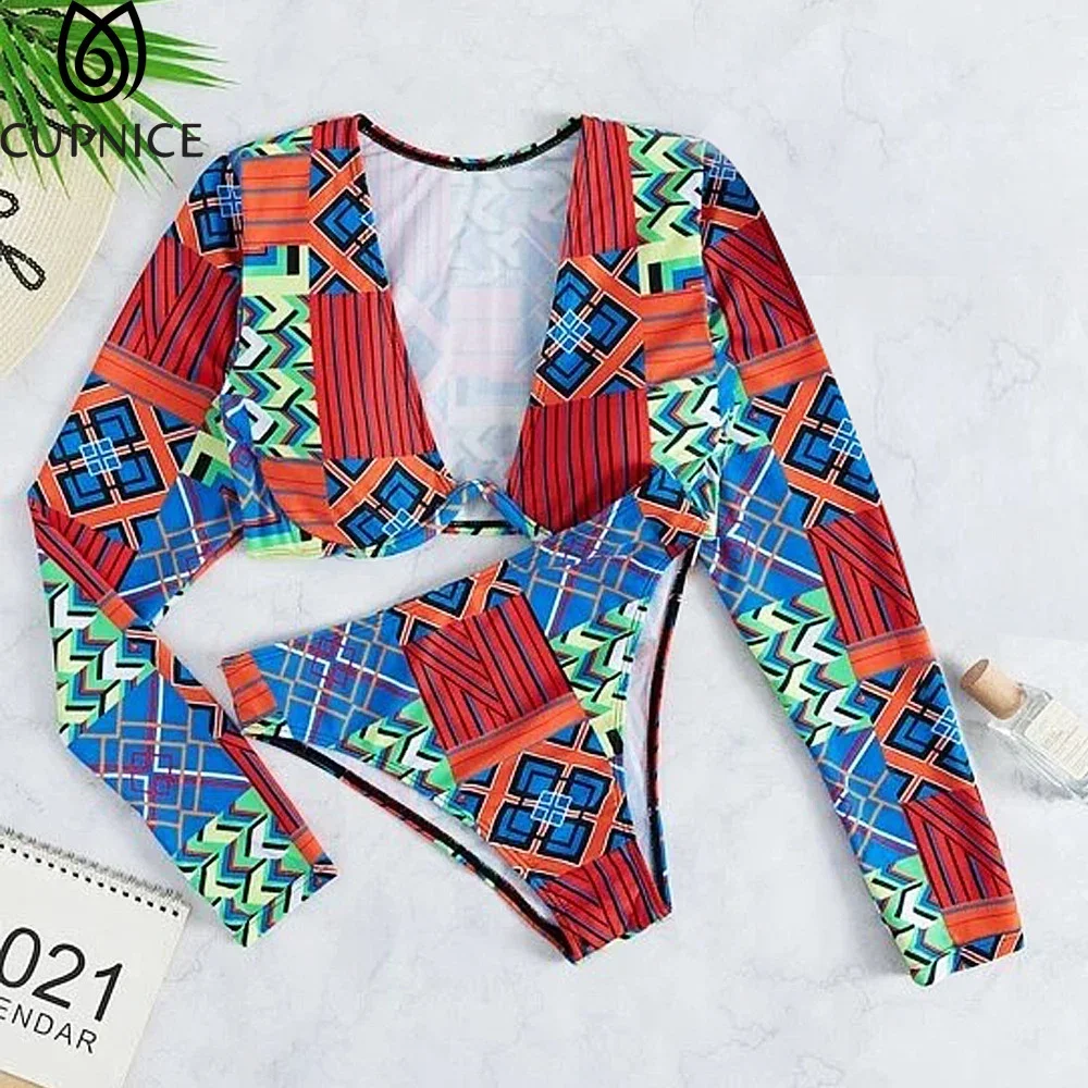 Long Sleeve Cleavage Wire Two Pieces Bikini Sets Women Sexy Patchwork or Orange Push Up Hipster Bikinis image 3
