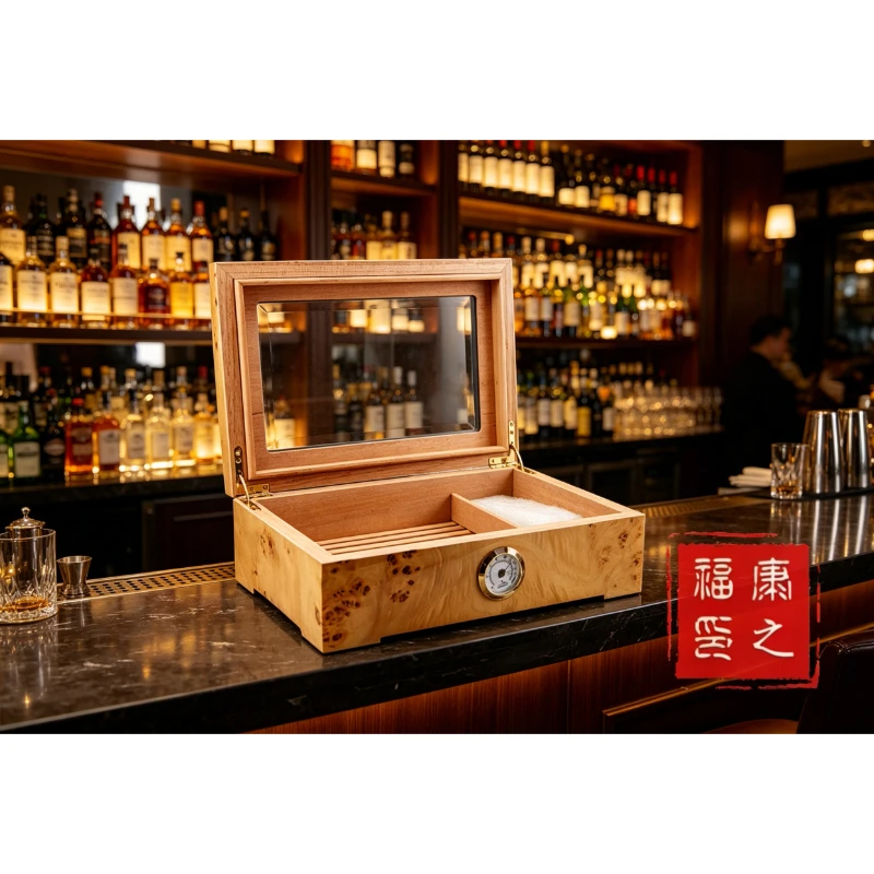 Wooden Humidor Box About 35 Cigars, with Humidifier Hygrometer for Aging Aroma Cigar Box