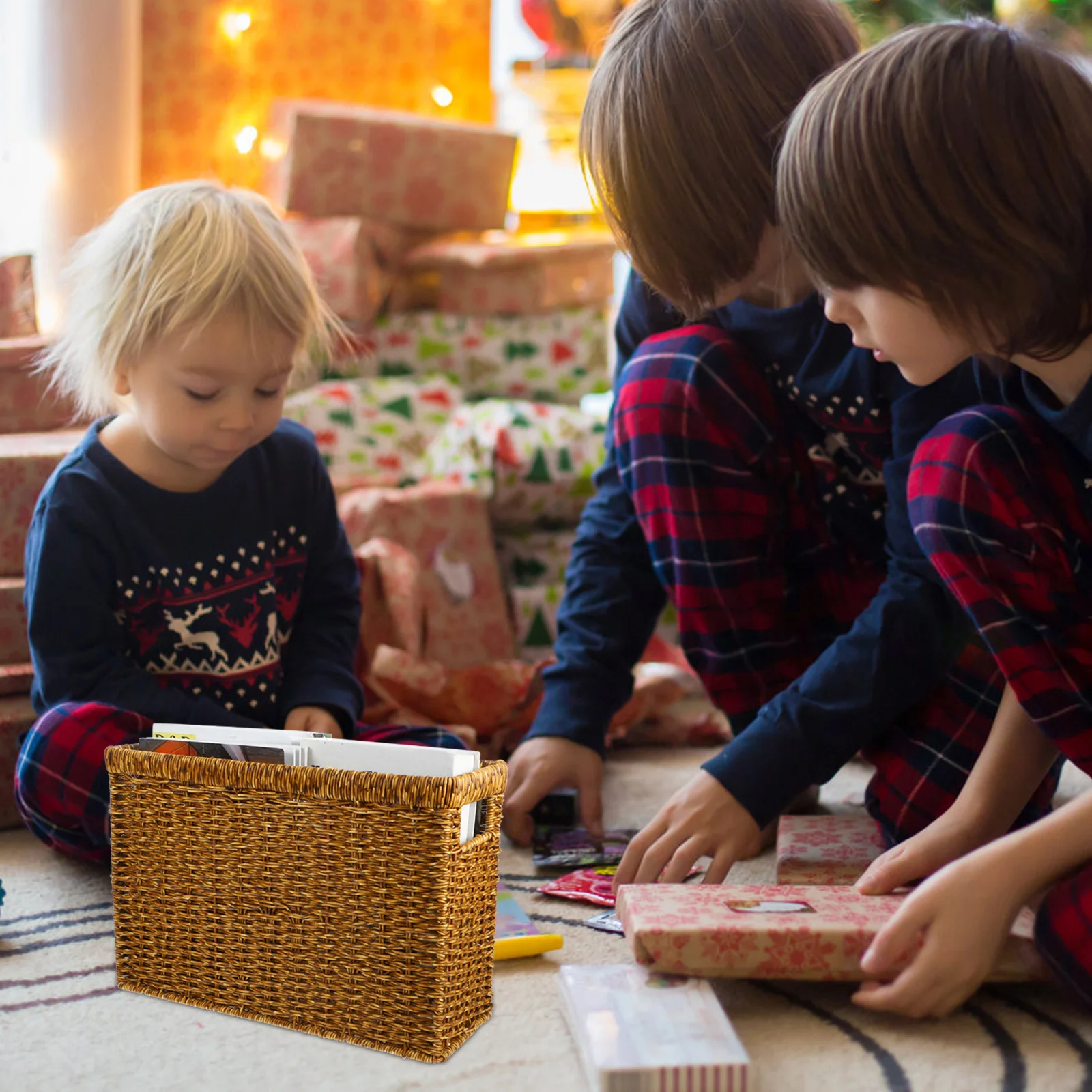 

Woven Basket Desktop Organizer Handle Storage Bin Home Supplies Multi-Functional Tidy Design Woven Basket with Handle