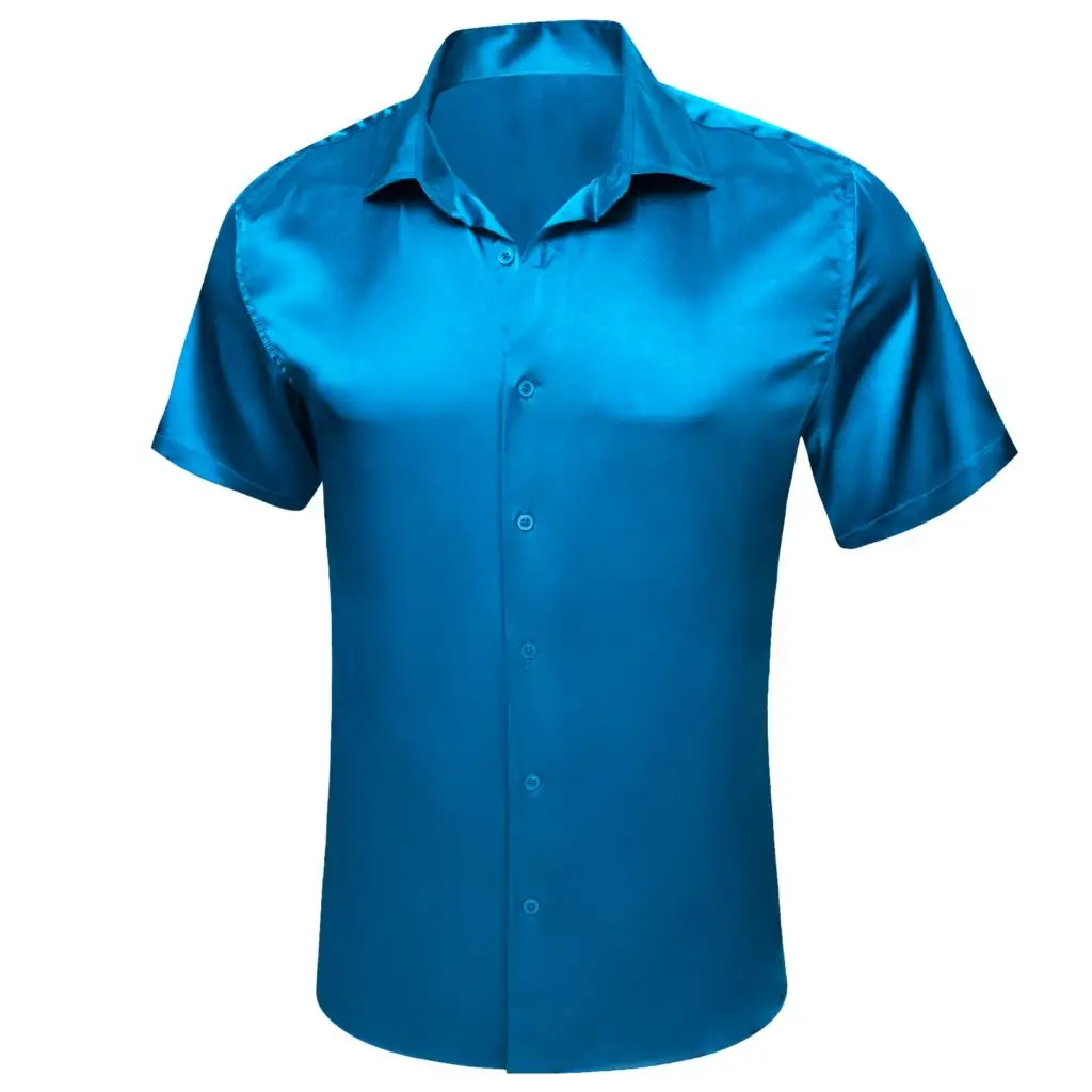 Luxury Men\'s Shirts Short Sleeve Silk Solid Satin Blue Gold Teal Green Gray Pink Slim Fit Casual Summer Tops Clothes Barry Wang