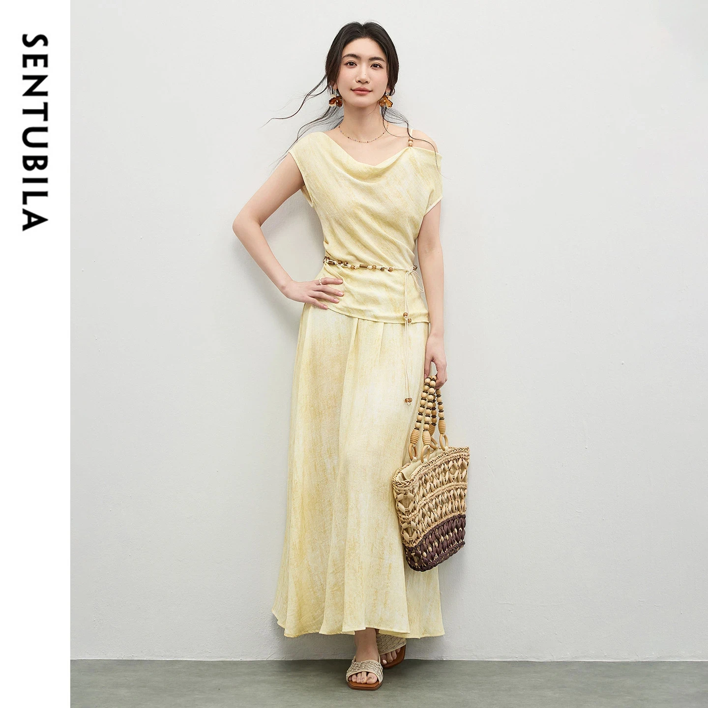 

SENTUBILA Women's Elegant Vacation Skirt Set Off Shoulder Top Detachable Belt A-Line Skirt Two Piece Matching Set 161ZK4746