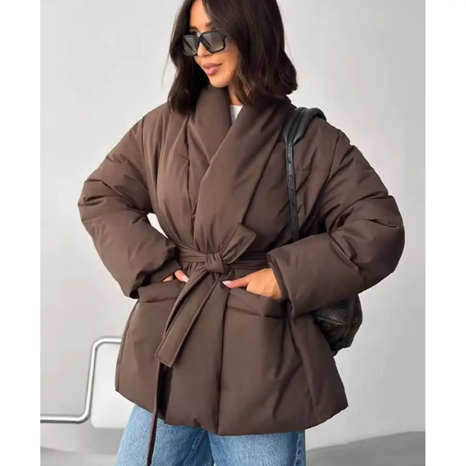 Nouveau automne hiver femmes Faionable couleur Pure ceinturé ample chaud coton Jaet vêtements d'extérieur simple bouton Long Sve costume col