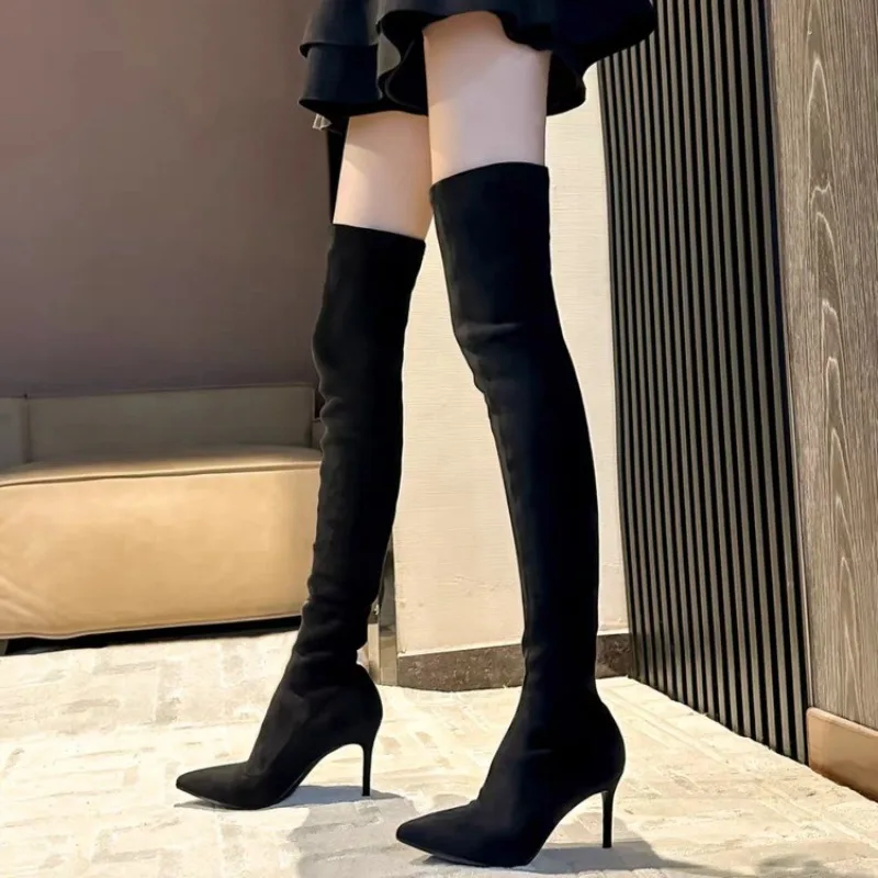 

Европейские и американские сапоги выше колена, осенне-зимние новые эластичные узкие сапоги на шпильке с острым носком, сапоги на высоком каблуке