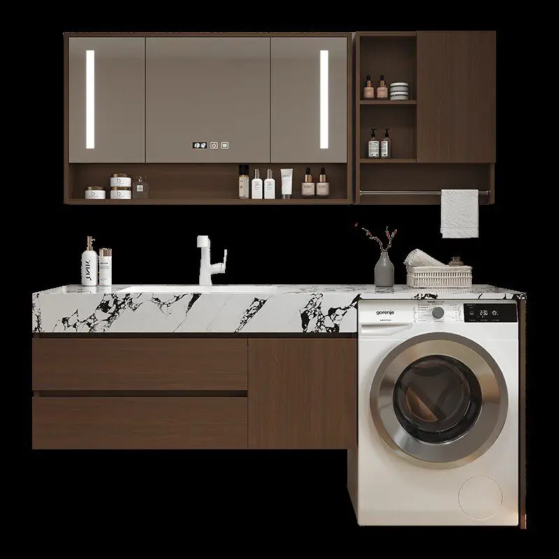 

Бесшовная раковина из сланца, тумба со встроенной стиральной машиной, тумба для ванной из орехового дерева, унитаз с раковиной.