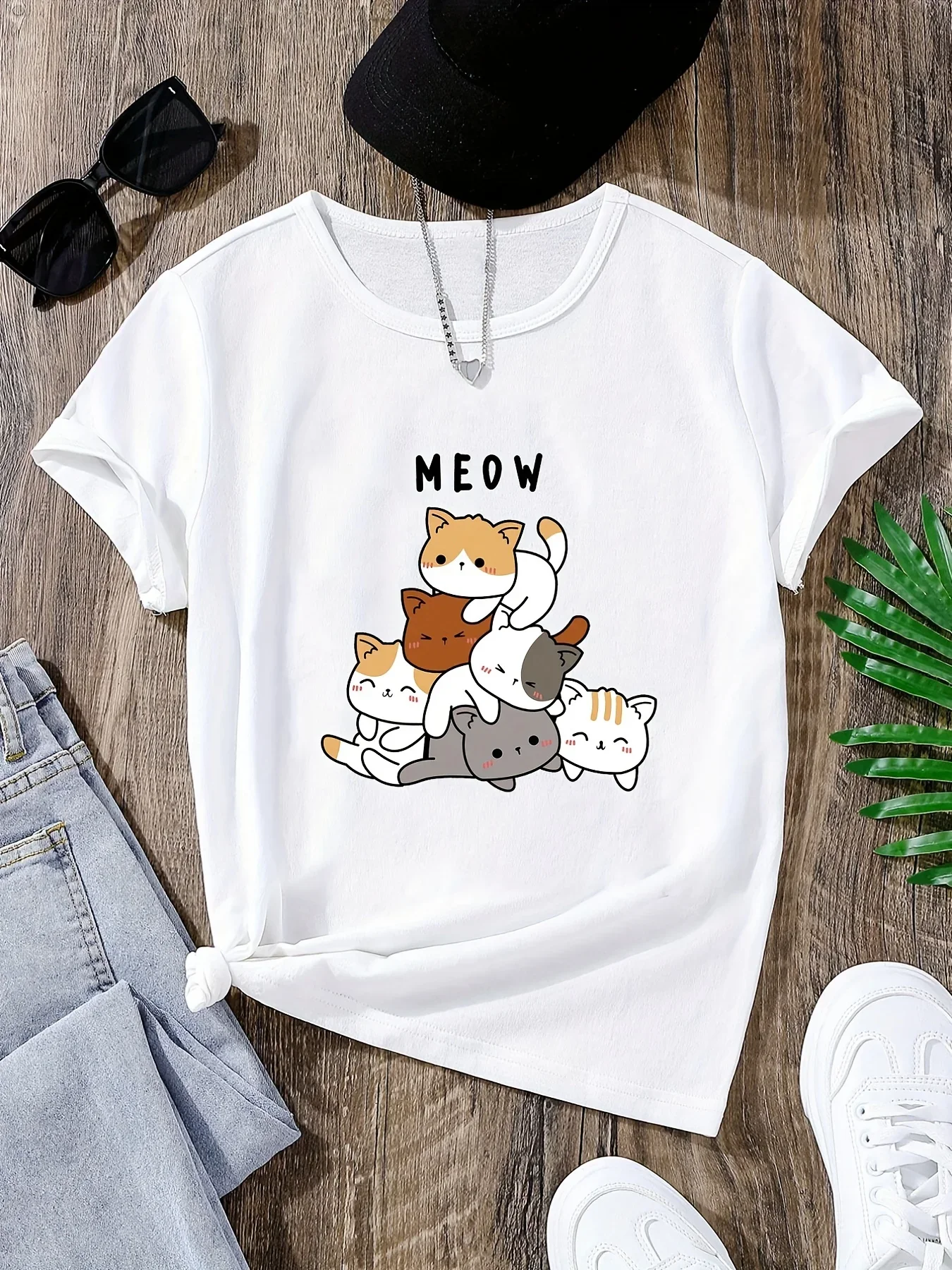 Kawaii Cartoon Katzen Druck Frauen T-shirt Nette Rundhals Kurzarm Sommer T-shirt Weibliche Harajuku Lose Unisex Y2K Kleidung Tops