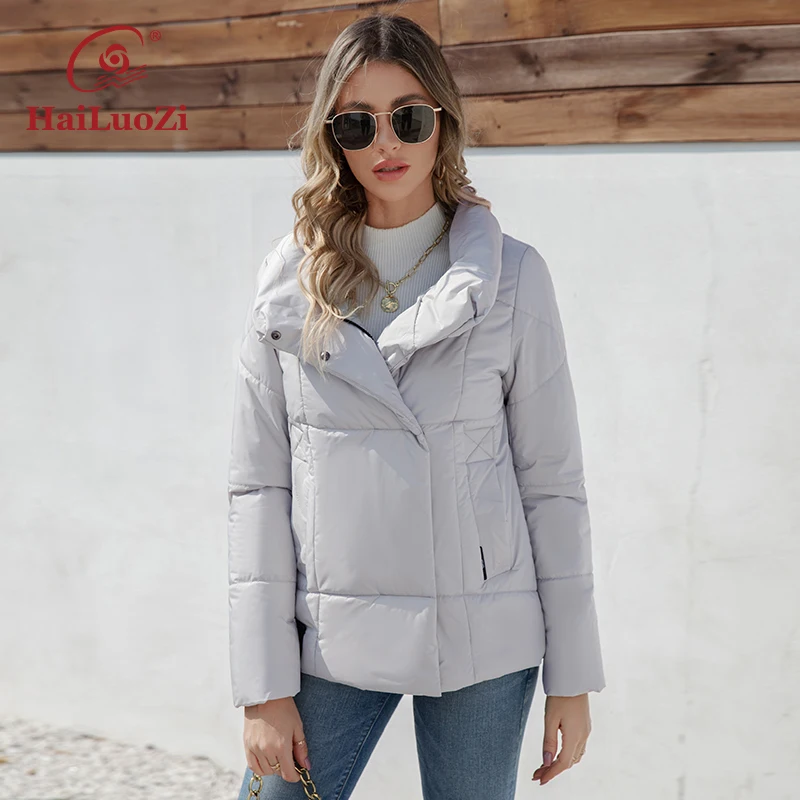 HaiLuoZi 2023 New Spring Women Jackets Quilting Casual Short Slim Thin Female Outwear Side Pockets Lapel Women\'s Coat 7852-1