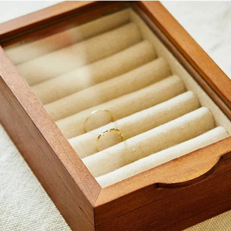 صندوق مجوهرات تخزين خشبي من الخشب الصلب صندوق مجوهرات عتيق خاتم كتان مقاوم للغبار