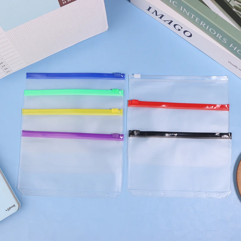 1/6PCS A6 Waterproof PVC Cash Budget Envelopes Zipper Binder Pouches 6-Hole Binder Pockets For Notebook Planner Journey Binders
