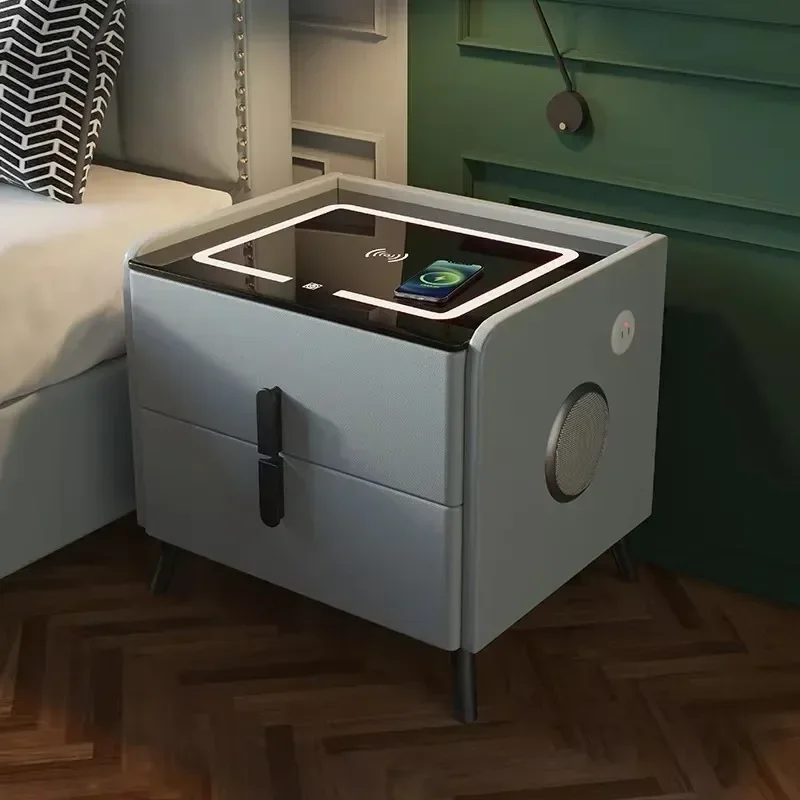 Solid Wood Smart Bedroom Nightstands Moder Style 2 Drawers Multifunction Storage Cabinet