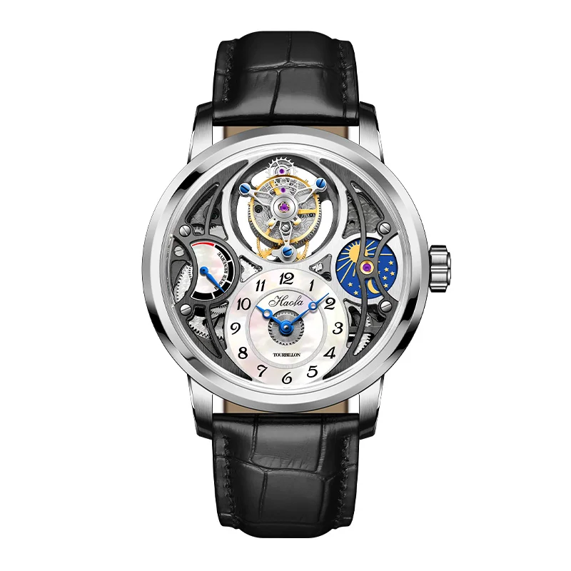 Haofa Mechanical watch Man Tourbillon Hollow Skeleton Day and Night Power Display Burning steel Crocodile leather Brand 1939