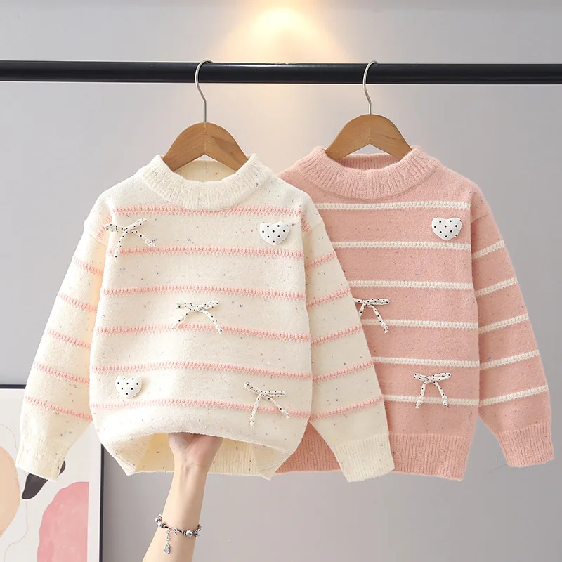 Nice Striped Girl Knitted Sweater with Lovely Polka Dot Fabric Bows and 3D Heart-shaped Appliques New Daily Wear Clothes JY07242