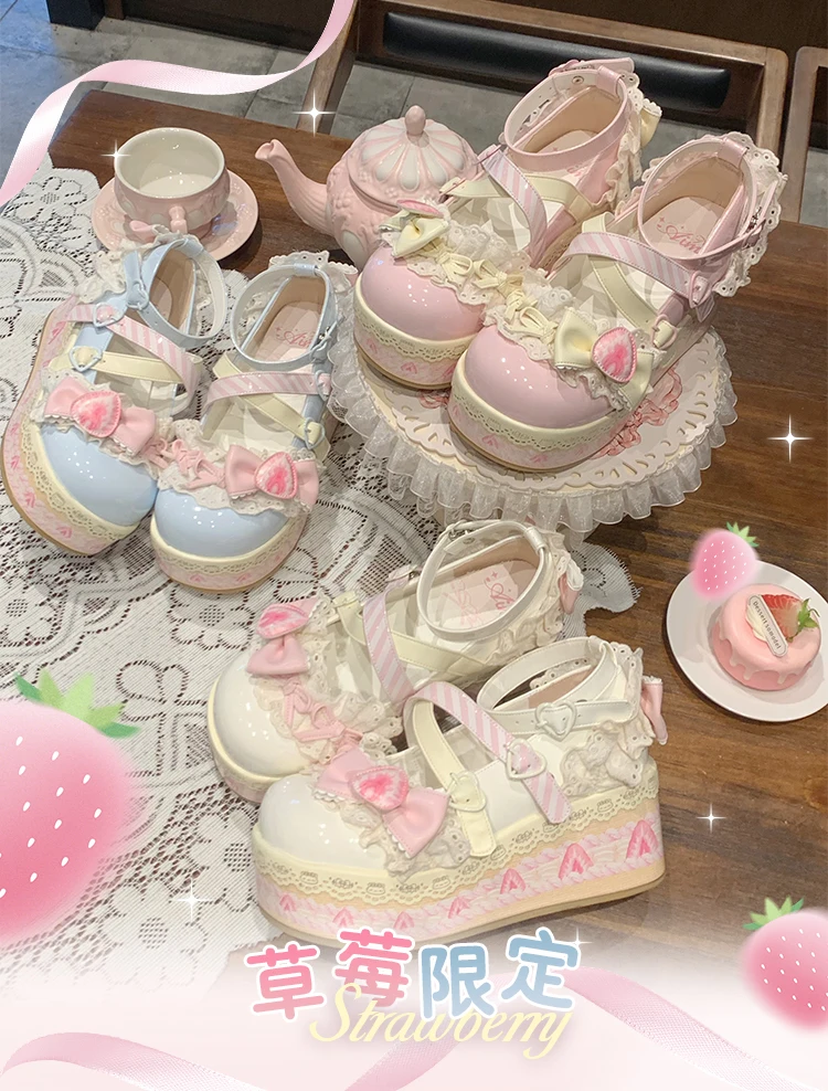 Chaussures à Muffin Lolita avec nœud aux fraises pour femmes, originales japonaises, mignonnes et douces, Macaron, plateforme exquise, chaussures simples pour femmes