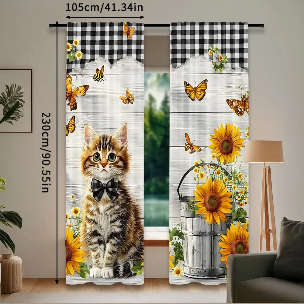 2Pcs Cute Country Cat Sunflower Curtains Rustic Wood Printed Curtains Suitable For Bedroom Bathroom Living Room Dining Room
