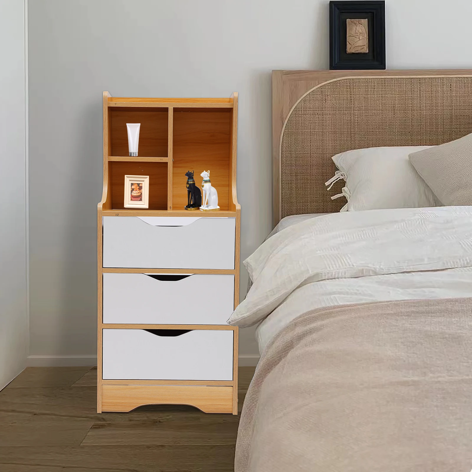 White Nightstand 3 Drawers with Open Storage Cabinet Bedroom Side Stand Cabinet Tall Nightstand Bedside Tables with Storage