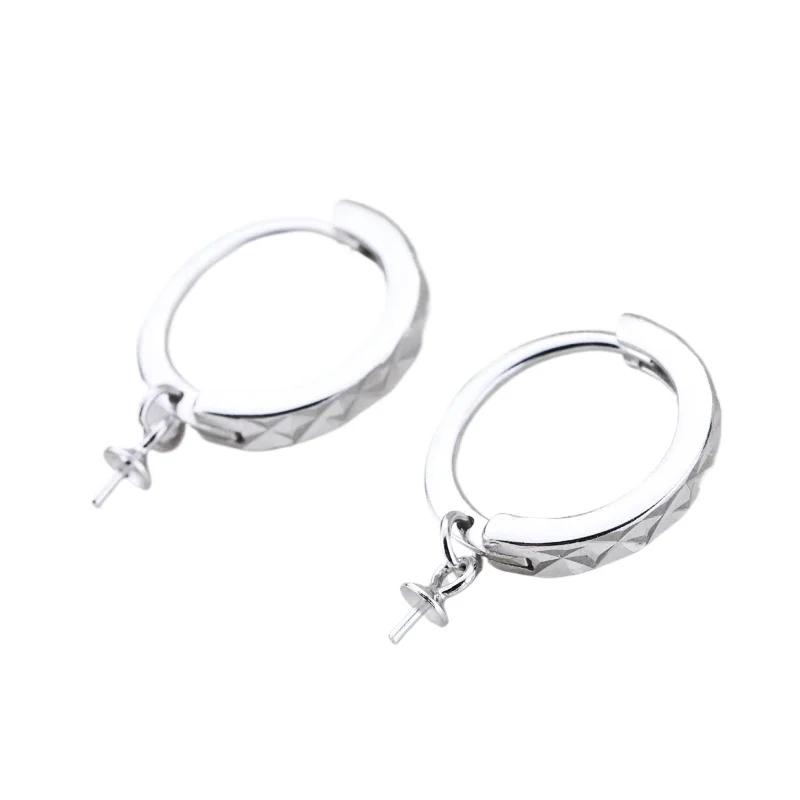 

Sterling Silver 925 Earrings White Gold Color 6-12mm Pearl or Round Bead Hoop Earrings Semi Mount DIY Stone Setting