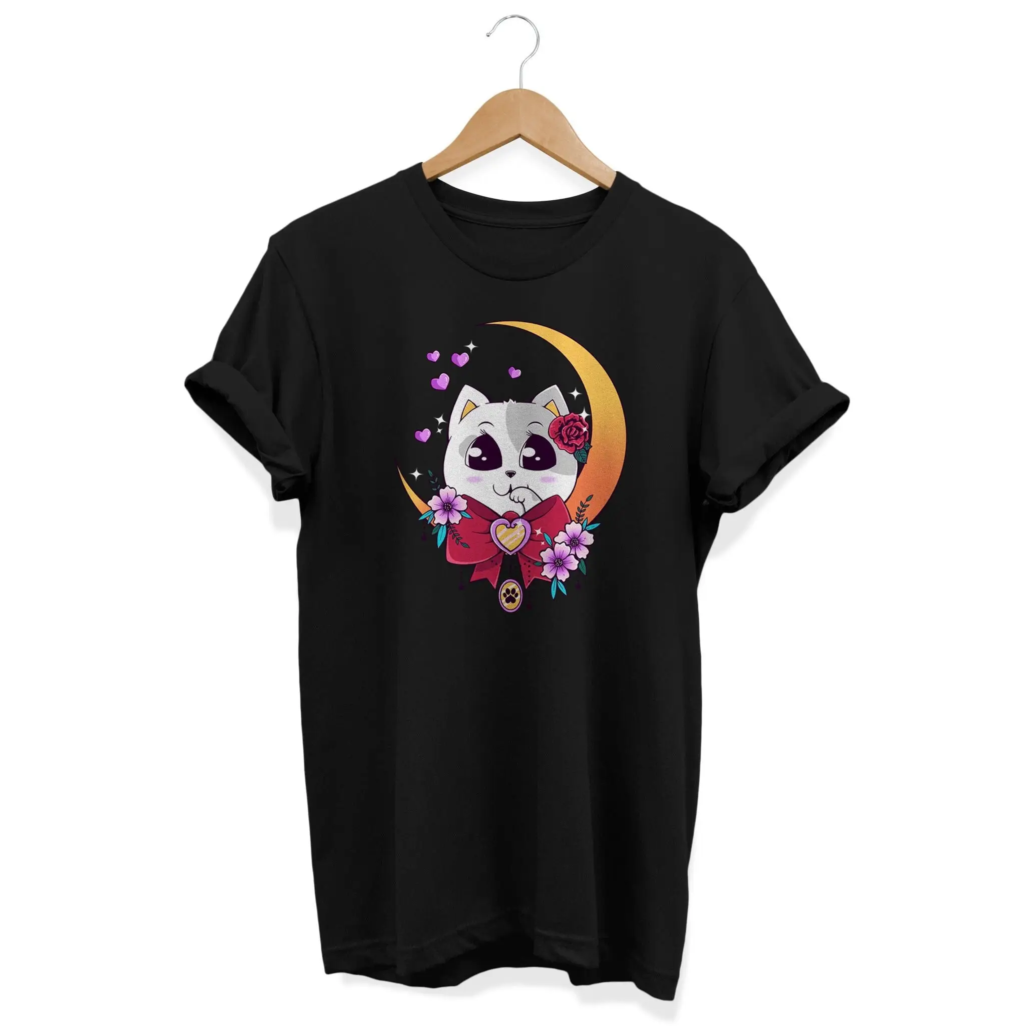 Cat Moon T Shirt Grunge Clothing Harajuku Goth Kawaii Clothes Crescent Alternative Kleidung Emo Girl E Top